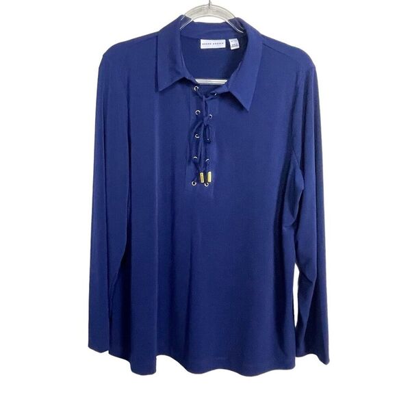 Susan Graver Top Women's Size‎ XL Lace Up Long Sleeve Blue Tunic - Picture 1 of 6